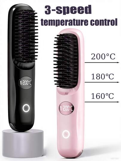 2025 New LCD USB Rechargeable Ceramic Heating Hair Straightener Brush, Wireless Portable Hair Curler And Straightener Combo