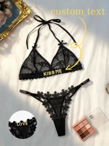 Customized Name Lingerie Set - Personalized Name Thong, Customized Name Lace Thong Panties - Black - View 1