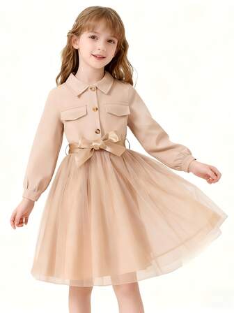 Girls Elegant Turndown Collar Long Sleeve Mesh Bow Dress + Belt,Suitable For Spring/Autumn