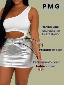 Women's Silver Metallic Skirt With Zipper And Button Fashion Casual Blogger - Silver - View 5