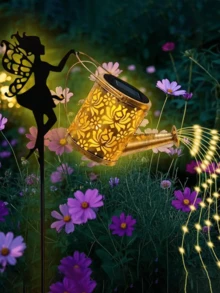 2个/1个太阳能浇水壶户外花园景观照明，太阳能仙女浇水壶串灯，户外金属抛光镍电池花园装饰灯 - 彩色 - 查看 2