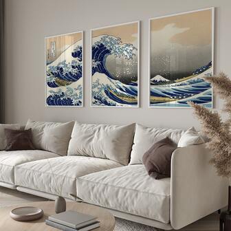 Juego de 3 Piezas Marco opcional La gran ola Ukiyoe Pintura japonesa Cartel de lienzo, Arte de pared japonés, Decoración de habitación estética, Obra de arte Pintura de pared para regalo, Imagen de pared para sala de estar, dormitorio, oficina, comedor, pasillo, decoración del hogar y la residencia