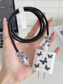Pink TPU Small Heart/Bow Tie/Floral/Purple Heart Cat Charger Cable Protector Case, Compatible With Apple 18/20W Charger, Great Gift For Friends - Black - View 7