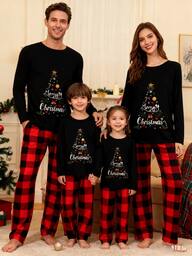 Family Matching Christmas Pajamas, String Lights Christmas Tree Print Long-Sleeved Tops + Elastic Waist Plaid Trousers/Romper