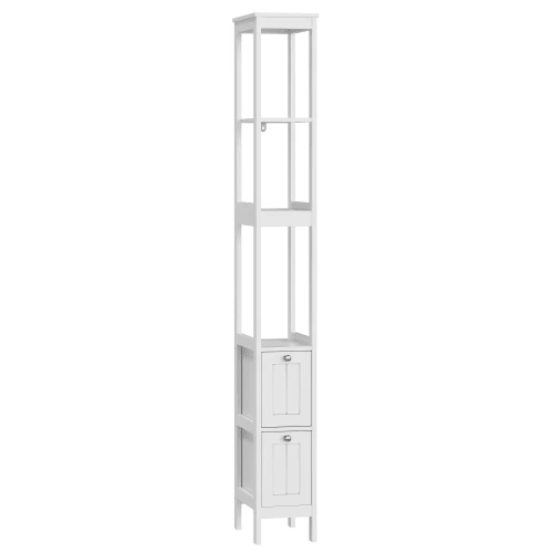 Narrow Wall Cabinet, Bathroom Cabinet, Slim Freestanding Base Cabinet, Wooden Laundry Tower, Freestanding Unit With 2 Drawers And 3 Shelves, 20W X 30D X 160H Cm, White