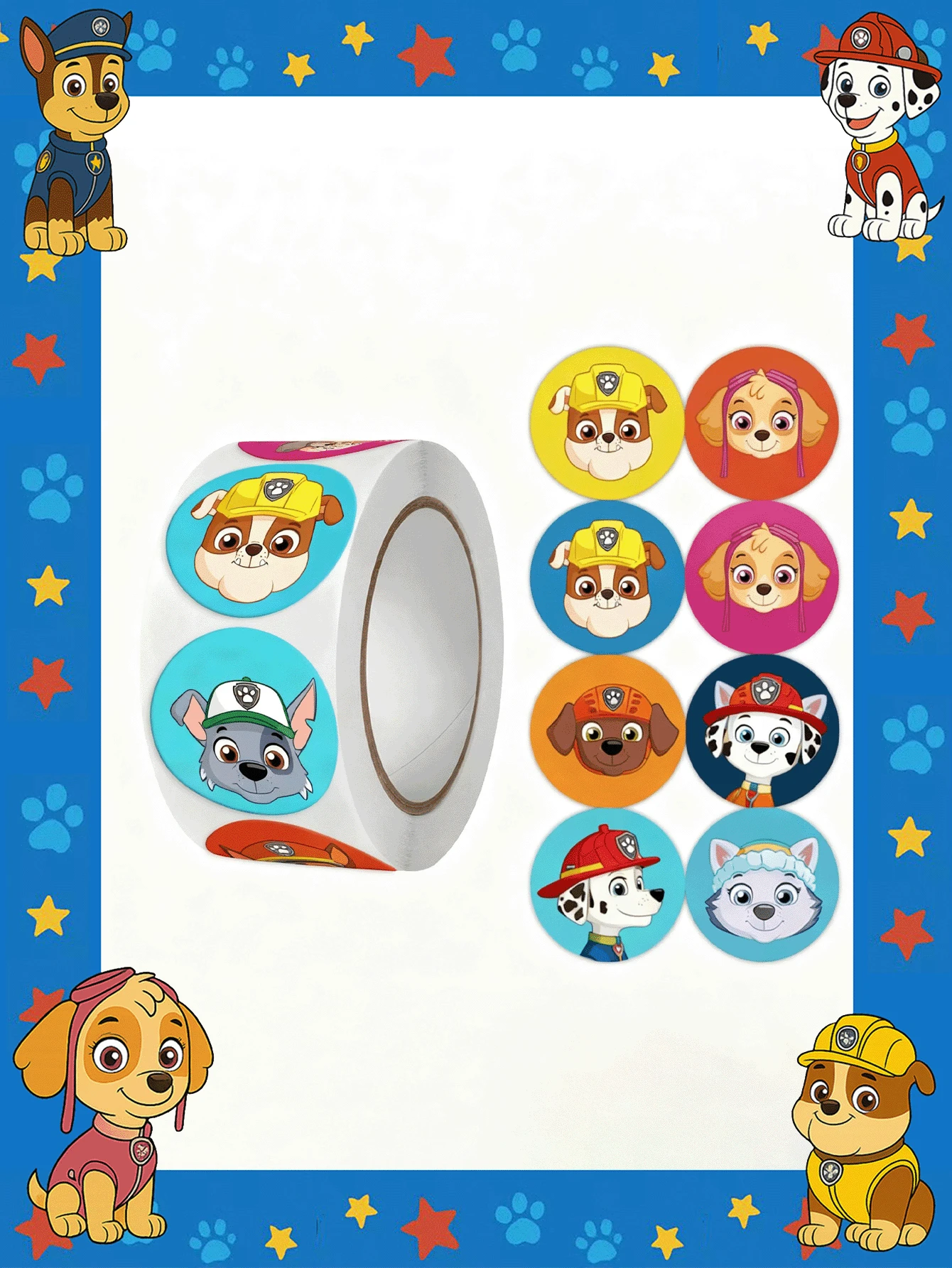 Rollo de pegatinas de Paw Patrol | Material PVC artístico y resistente al agua | Decoración y recompensa para fiestas | Múltiples diseños | Para niños y fans de Paw Patrol | Perfecto para decoración navideña, de Halloween y de habitaciones - El color y el estilo son aleatorios. - Ver 1