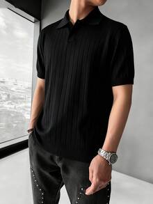 GRDR 男士宽松薄款罗纹 Polo 领针织衫，短袖，夏季款 - 黑色 - 查看 2