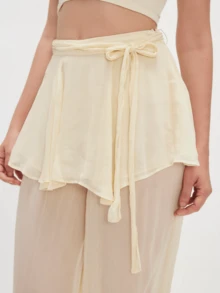 Women Mesh Sheer Pants Ruffle Skirt Patchwork Wide Leg Trousers Going Out Streetwear - 象牙白 - 查看 3