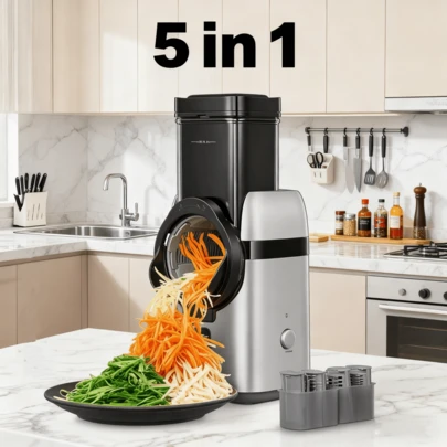 5 In 1 Electric Cheese Grater, 10CM Large Feed Chute Electric Grater Vegetable Shredder With Multi Replaceable Blades And Storage Box,Cheese Slicer For Whole Potatoes, Cheese And Nuts