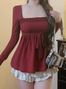 Womens Rib Knitted Lace Trim Wrap Square Neck Long Sleeve Peplum Tops Babydoll Slim Fit Fairycore Front Tie-Up T-Shirts Harajuku Vintage Clothes Y2K Streetwear Blouse Tee Tops Casual Going Out Tops - 酒紅色 - 查看 3