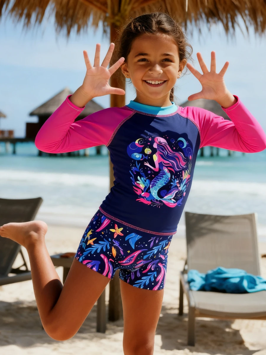 LARA VIVA Conjunto de roupa de banho infantil - camiseta de manga longa com proteção solar (inclui proteção UV) + shorts, estampa infantil "Série Salvar os Oceanos", combinação de cores contrastantes, tecido respirável para surf de secagem rápida, roupa para praia/piscina, indicado para meninos de 4 a 14 anos - Rosa chiclete - Visão 1