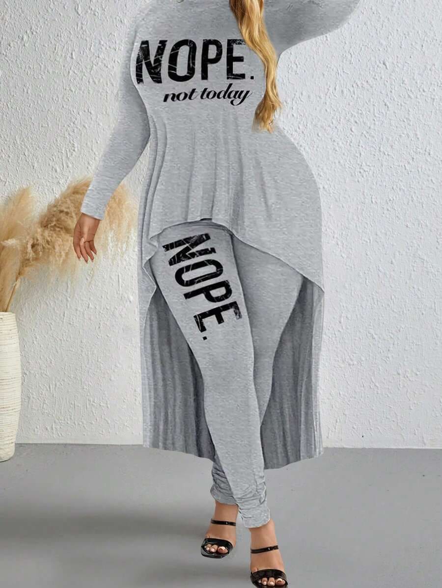 Plus Size - NOPE Print Two-Piece Set, Crew Neck Long Sleeve High-Low Top &Slim Pants Outfts, Women's Clothing - Màu Xám nhạt - Xem 1