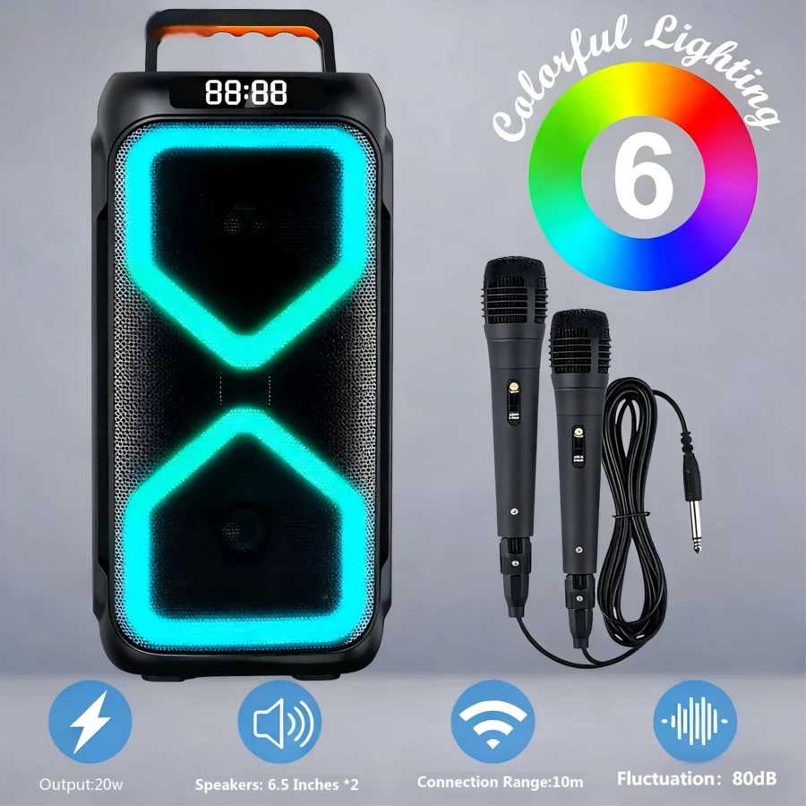 2 Subwoofer Wireless Speaker, Large Boombox Speaker, Stereo Speaker, Outdoor Wireless Speaker, Party Disco Light Outdoor Speaker With Colorful LED Lights, Christmas Gift, Support TF, AUX, MIC And 2 Wired Microphones - Black - View 1