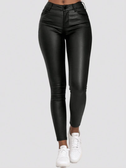 Apperloth A Damskie legginsy z wysokiej talii ze skóry PU w jednolitym kolorze, festiwal muzyki punkowej