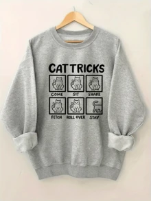 Women'S Olive Green Cat Tricks Graphic Sweatshirt - Cozy Crew Neck Pullover With Playful Cat Commands Design, Casual FallWinter Wear, Casual Wear  Playful Design  Construction, Cat Shirts (2) - 淺灰色 - 查看 1