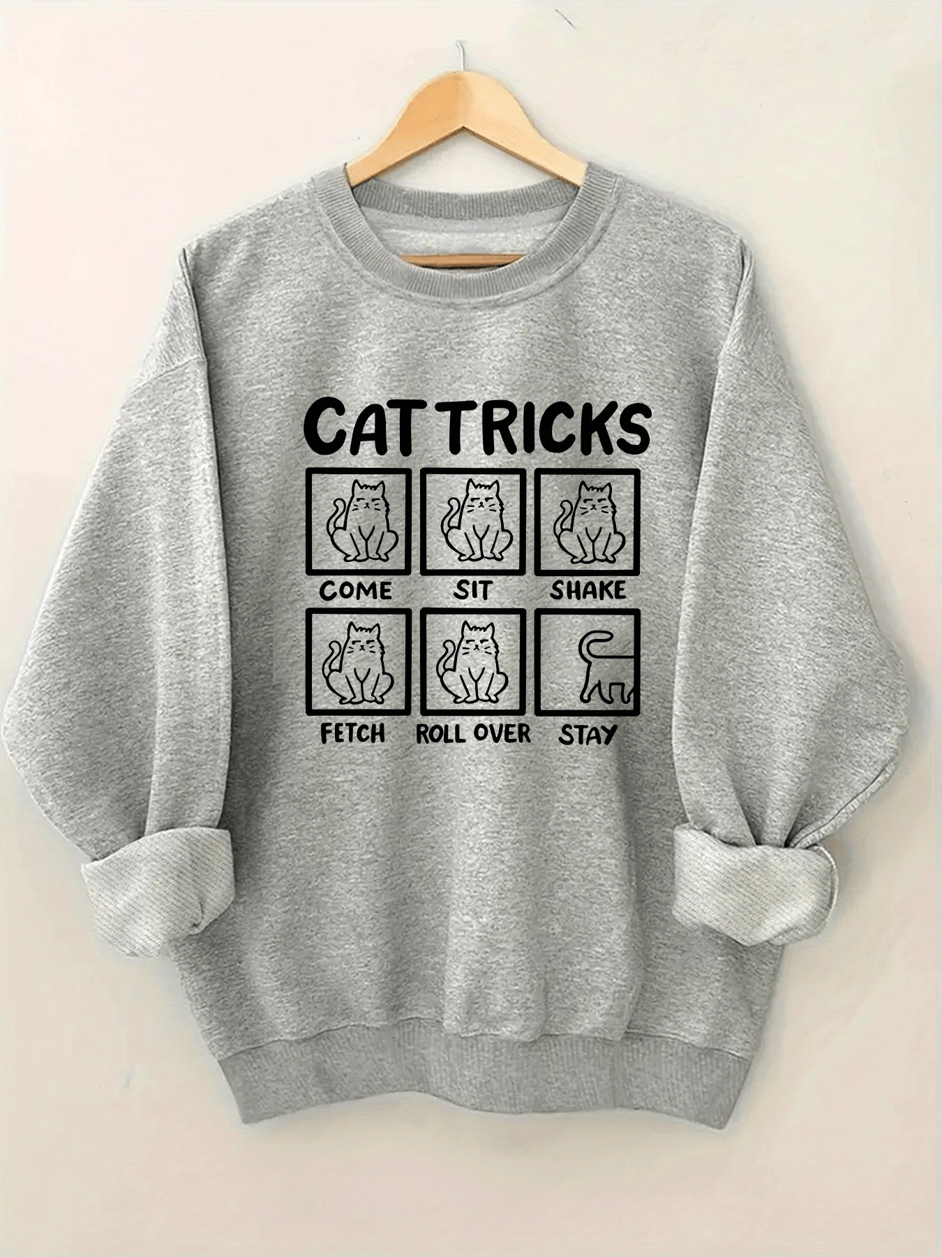 Women'S Olive Green Cat Tricks Graphic Sweatshirt - Cozy Crew Neck Pullover With Playful Cat Commands Design, Casual FallWinter Wear, Casual Wear  Playful Design  Construction, Cat Shirts (2) - 淺灰色 - 查看 1