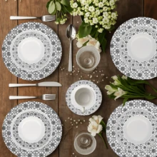 Jogo de Servir 12 Peças Prato Fundo + Prato Raso + Prato de Sobremesa Melamina / Plástico Decorado - Branco com Preto - Visão 5