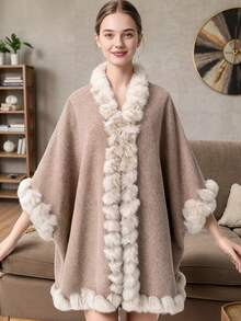 Poncho capa de mujer talla grande con cuello de piel de conejo sintética, chaqueta de punto holgada, estilo europeo y americano para vestir, otoño/invierno