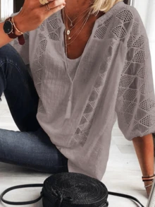 Women's Elegant Lace Patchwork U-Neck Blouse, 3/4 Sleeve Casual Top With Delicate Lace Trim, Soft Lightweight Chic Shirt For Office, Date & Daily Wear - 灰色 - 查看 1