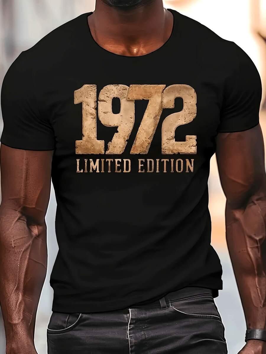 1972 Limited Edition Men'S Vintage T-Shirt - Casual Crew Neck, Short Sleeve, Lightweight Polyester Summer Top, Machine Washable, Essential For Casual Attire | Round Neck Tee | Polyester Fabric - Black - View 1