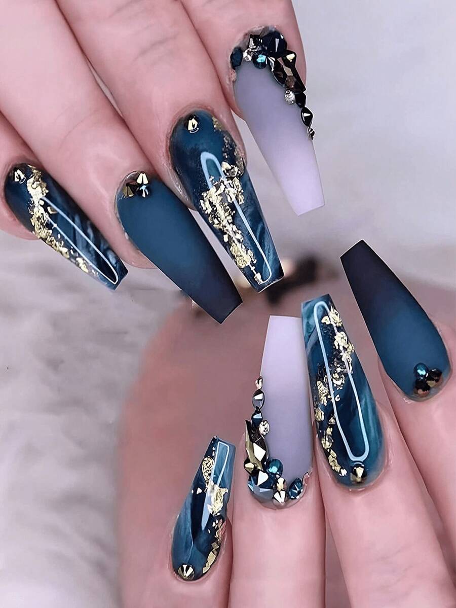 24片装中号棺材形法式蓝渐变大理石纹水钻美甲贴纸，亚克力材质，适合日常佩戴美甲用品 - 彩色 - 查看 1