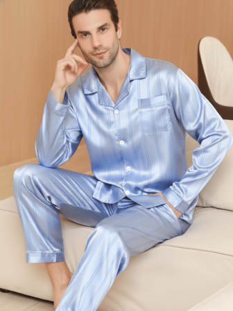 男士缎面竖条纹印花真丝口袋长袖睡衣套装，包含长裤和两件套，四季皆宜。