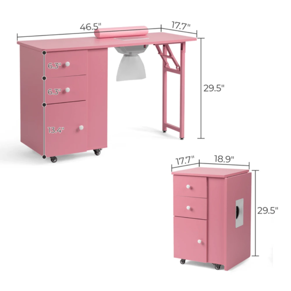 Nail Desk Folding Table, Pink MDF Manicure Station W/ 2 Drawers & 1 Door Cabinet For Nail Art Salon Home Beauty - Pink - View 1