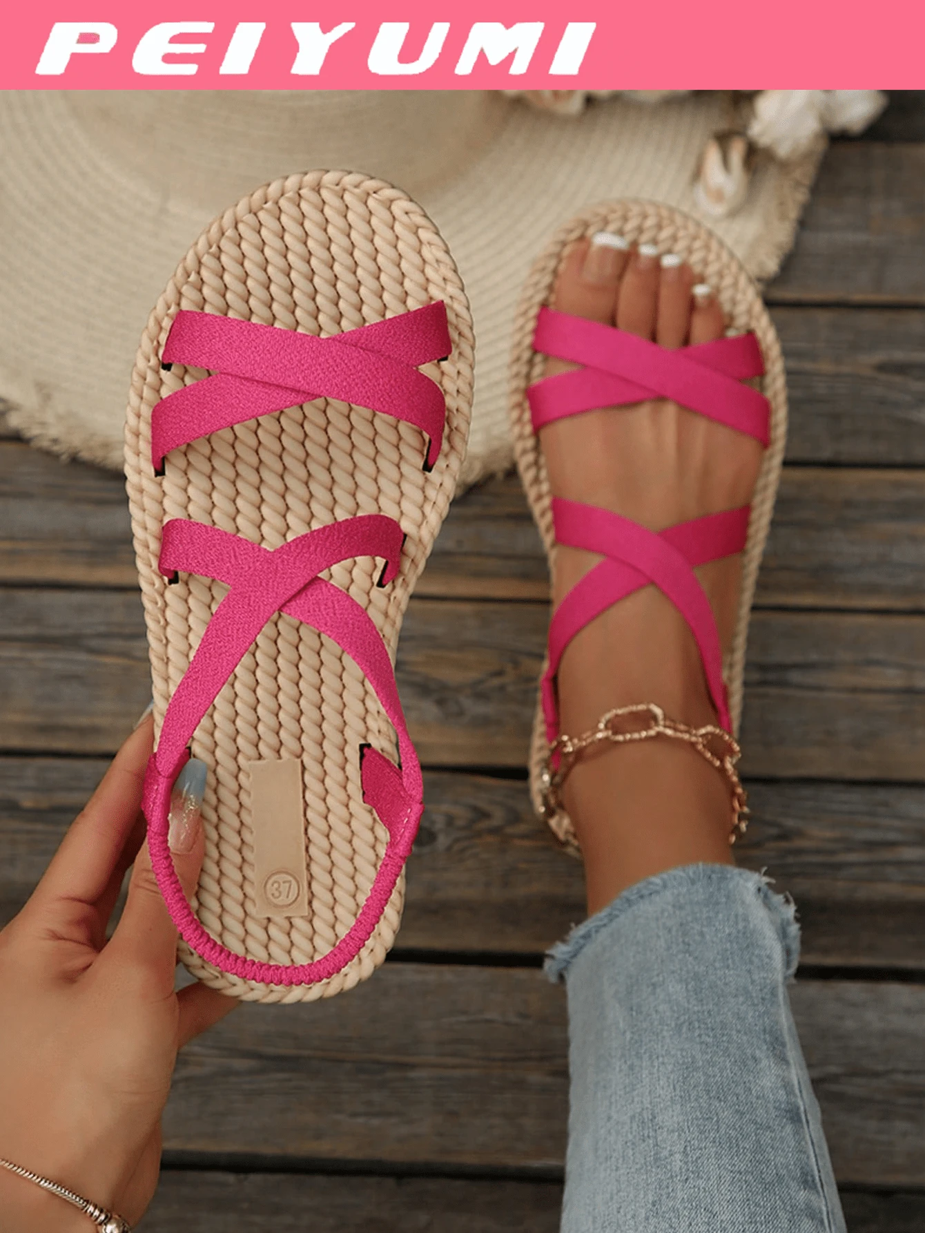 PEIYUMI 2025 Spring/Summer New Fashion Breathable Sandals, Round Toe Open Toe Non-Slip Soft Sole Criss-Cross Strap Retro Casual Beach Roman Sandals - Hot Pink - View 1