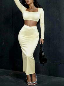 2pcs Women's Summer Solid Color Outfit - Cropped Long Sleeve Top And Bodycon Skirt Set, Fitted Sexy Fashion Versatile Suit For Dates, Vacation - Light Yellow - View 8