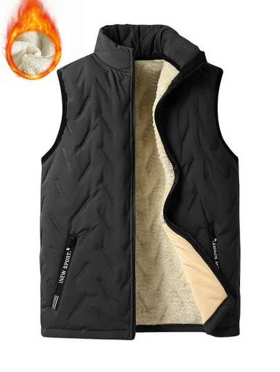 Men's Casual Printed Thermal Lined Warm Solid Color Stand Collar Vest, Versatile For Daily Wear, Autumn/Winter