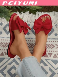 PEIYUMI Dép sandal nữ cỡ lớn có nơ trang trí, dép bệt giản dị đi biển mùa hè thanh lịch - Đỏ - Xem 3