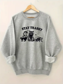 Women'S Red Stay Trashy Graphic Sweatshirt - Cozy Crew Neck With Playful Cat & Dog Design, Long Sleeves, Casual FallWinter Pullover, Casual Wear  Playful Graphic  Construction, Cat Sweatshirt (2) - Màu Xám nhạt - Xem 1