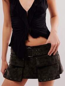 Women's Y2k Grunge Punk Suede Low Rise Rivet Belted Mini Skirt With Pocket For Party Clubwear - Black - View 2