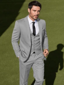 3 件套商务男士西装缺口翻领西装外套正式婚礼新郎裤子背心燕尾服 - 淺灰色 - 查看 6