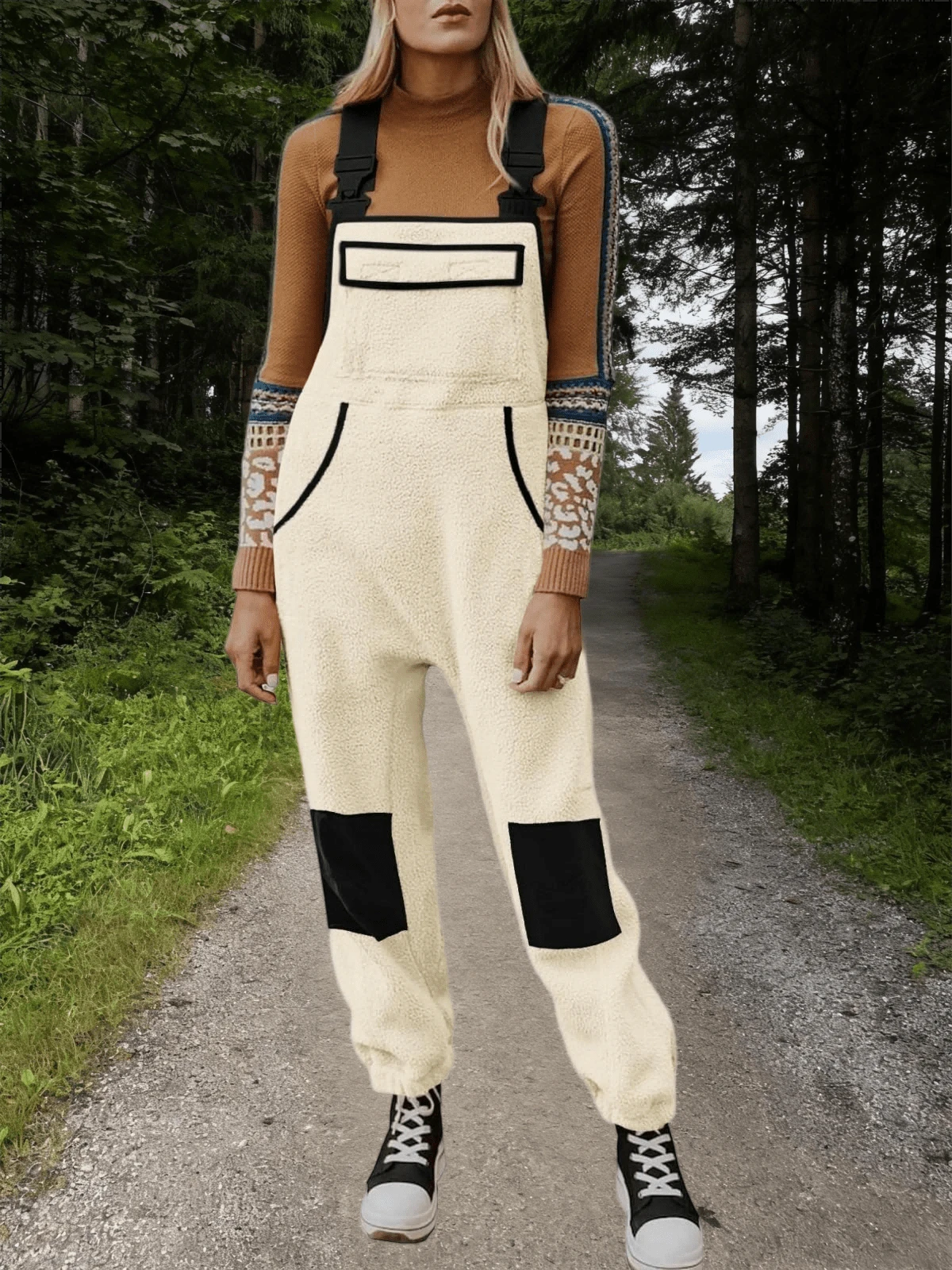 Fisoew Women's Winter Fleece Warm Ski Bibs Overalls Casual Jumpsuits With Pockets Snow Pants S-2XL - Màu be - Xem 1