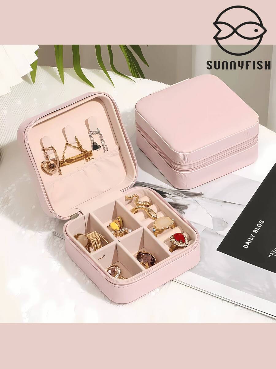 Portable Jewelry Box Travel Case Organizer For Jewelry Rings And Necklaces - 淺藍色 - 查看 1