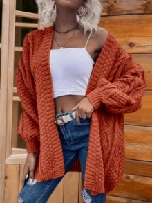 Womens Oversized Open Front Cable Knit Lantern Long Sleeve Chunky Cardigan Sweaters Cozy Fall And Winter Outwear Coats For Everyday Wear Christmas Work & Office Chic - Màu Cam san hô - Xem 2