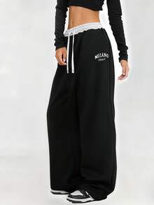字母印花阔腿裤，高腰撞色设计，女士休闲宽松运动裤，街头风修身裤 - 黑色 - 查看 4