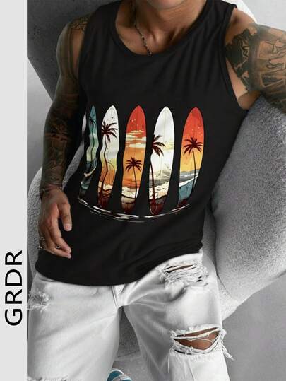 GRDR Men's Vacation Casual Narrow Shoulder Coconut Tree Print Tank Top