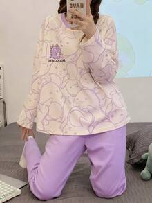 AICJ 两件套女士休闲恐龙印花长袖上衣和裤子睡衣套装，适合春、夏、秋季穿着。 - 淡紫色 - 查看 5