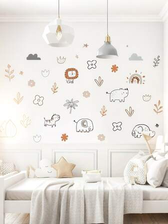 Cute Cartoon Animal Elephant, Lion, Zebra, Floral Wall Stickers, Removable PVC Decals For Kids Room, Living Room, Bedroom, Study, Dining Room Decor