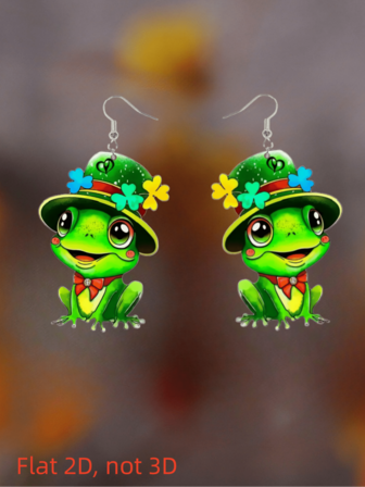 2D Clover Frog Pendant Earrings, Flat Acrylic Double-Sided Printed, Fashionable & Lightweight, Suitable For Daily Wear And Parties, Christmas, St. Patrick's Day Gift
