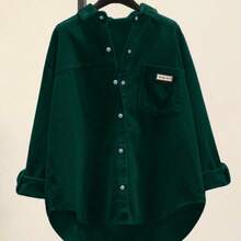 大码女式针织宽松开衫，前襟纽扣带口袋，落肩设计 - 墨綠色 - 查看 4