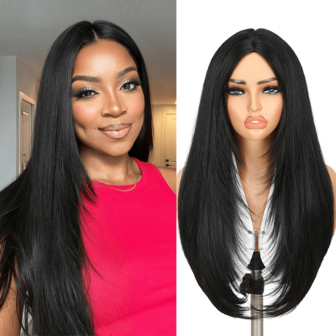 Long Layered Straight Yaki Wig Middle Part No Bangs Glueless Wig Pre Cut Put On And Go High Density Heat Resistant Fiber None Lace Wig For Women Daily Life Or Party Use26inch Long (Black Color)