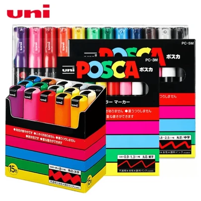 UNI Paint Marker Pen Set NEW PACKAGE PC-1M 3M 5M Water Based Colors Permanent Acrylic Pen Graffiti Suitable For Fabrics, Canvases, Rocks, Glass, Wood, Paper, DIY Crafts, And Art Supplies For Back-To-School Season