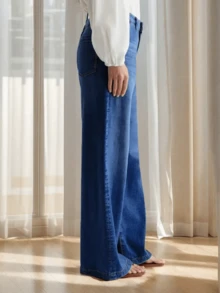 Denim Vintage Desgastado de Perna Larga, Calça Denim Feminina de Cintura Alta com Ajuste Relaxado e Elástico - Azul Royal - Visão 6