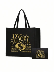 金色图案手提袋和小包，饰有十二星座图案，星座图案，黑色亚麻手提袋，包含一个黑色手提袋和一个小包/零钱包，个性化礼品套装，大小包组合，圣诞节、感恩节、复活节礼物 - 彩色 - 查看 14