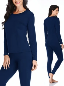 Women's Round Neck Velvet Navy Blue Thermal Lingerie Set Winter Pajama Set For Cold Weather, Outdoor Sports, Cold Protection, Warm Bottom, Home Comfort, Stretch Fabric Pajamas, Autumn And Winter Gifts - Navy Blue - View 4