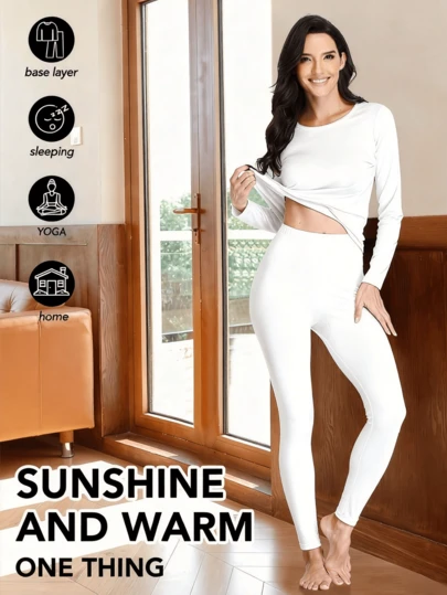 Conjunto de lencería térmica de terciopelo blanco de cuello redondo para mujer, conjunto de pijama de invierno para clima frío, deportes al aire libre, protección contra el frío, Bottom cálida, comodidad en el hogar, pijama de tela elástica, regalo de otoño e invierno, calentamiento