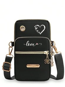 女士休闲运动户外手机包腕包多层纯色零钱包斜挎包印花任意位置单肩包2024新款欧美风迷你简约多层抽绳竖款零钱包适合上学拉链便携多功能可爱时尚女钱包兼容手机包手机钱包 - 黑色 - 查看 18